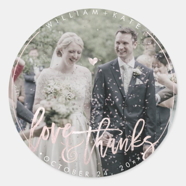 Sticker Rond Photo personnalisée Amour+Merci, Flush de script m (Devant)