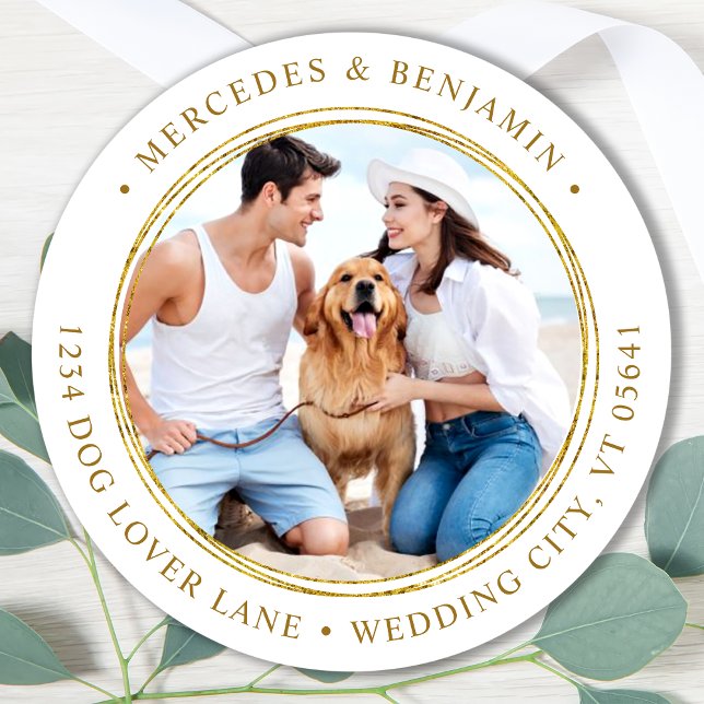 Sticker Rond Photo personnalisée Elegant Wedding Gold Adresse d (Créateur téléchargé)