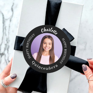 Sticker Rond Photo personnalisée en noir blanc Quinceanera