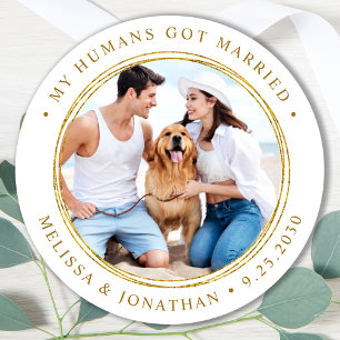 Sticker Rond Photo Personnalisée Juste Marié Élégant Mariage Or