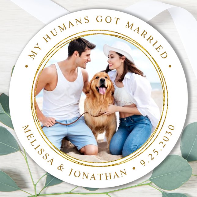 Sticker Rond Photo Personnalisée Juste Marié Élégant Mariage Or (Créateur téléchargé)