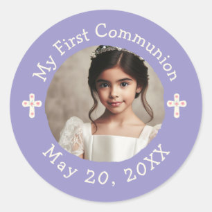Sticker Rond Photo personnalisée Ma première communion Croix fl