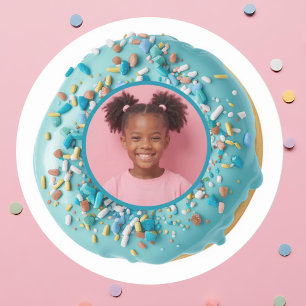 Sticker Rond Photo personnalisée Saupoudrer de beignets bleu fê