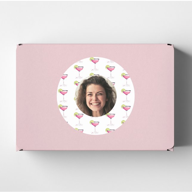 Sticker Rond Photo personnalisée sur visage et cocktail | Rose  (Créateur téléchargé)