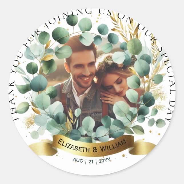Sticker Rond PHOTO Remerciement de mariage Eucalyptus Leaves Fa (Devant)