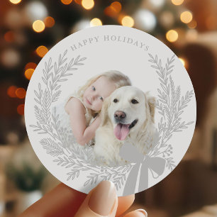 Sticker Rond Photo Silver Grey Christmas Wreath
