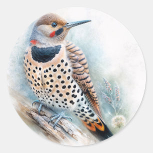 Sticker Rond Pic à tête rouge Yellowhammer Aquarelle