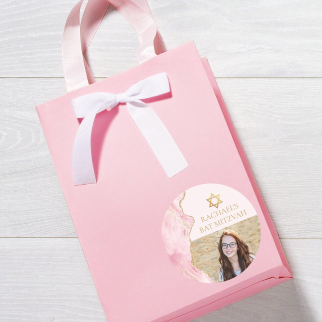 Sticker Rond Pic Rose Gold Agate Bat mitzvah Photo Party (Créateur téléchargé)