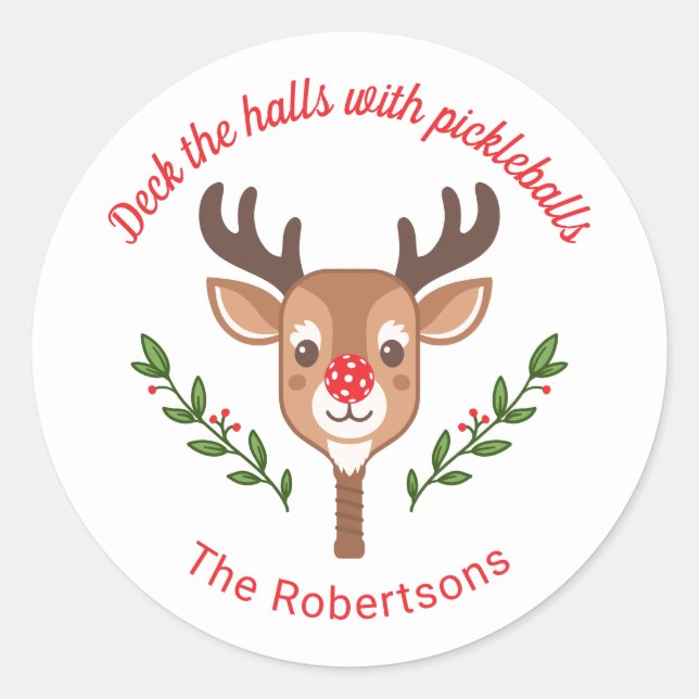 Sticker Rond Pickleball Cute Reinder personnalisé (Devant)