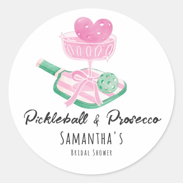 Sticker Rond Pickleball & Prosecco Rétro Invitation de Mariage  (Devant)