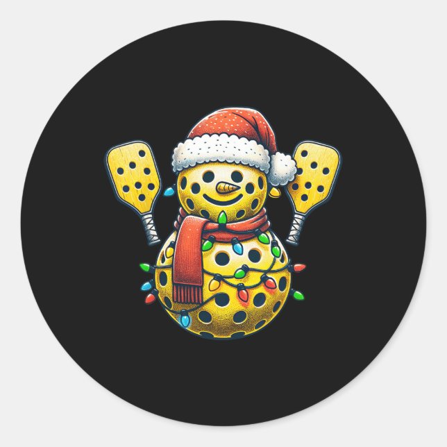 Sticker Rond Pickleball Snowman Santa Hat Lumières Noël Pick (Devant)