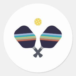 Sticker Rond Pickleball Sport Paddle Bleu rayé