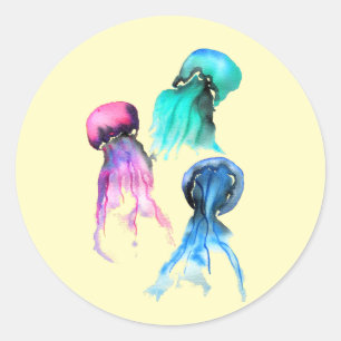 Sticker Rond Pièce d'art de l'aquarelle du trio méduse
