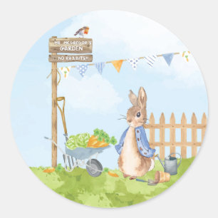 Sticker Rond Pierre le lapin dans son jardin
