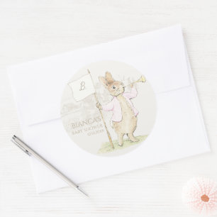 Sticker Rond Pierre rose le lapin Un Baby shower lapin