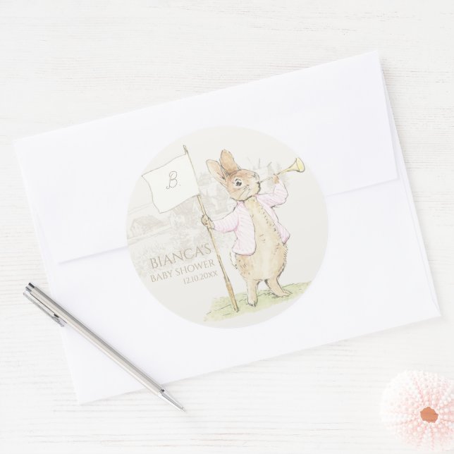 Sticker Rond Pierre rose le lapin Un Baby shower lapin (Enveloppe)