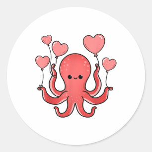 Sticker Rond Pieuvre Avec Ballons Coeurs Valentines Jour Octopu
