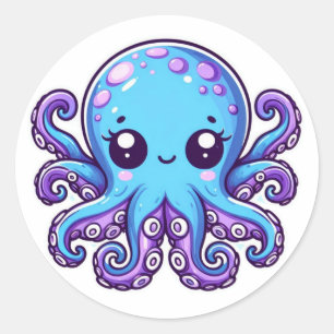 Sticker Rond Pieuvre bleue mignonne