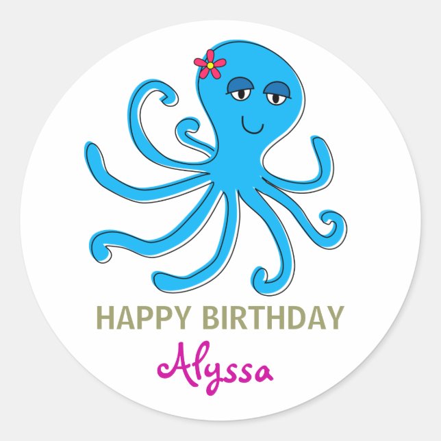 Sticker Rond Pieuvre Bleue, Sous Les Toppers De Cupcake De Mer (Devant)