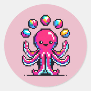 Sticker Rond Pieuvre en Jonglage - Drôle Pixel Art Circus Desig