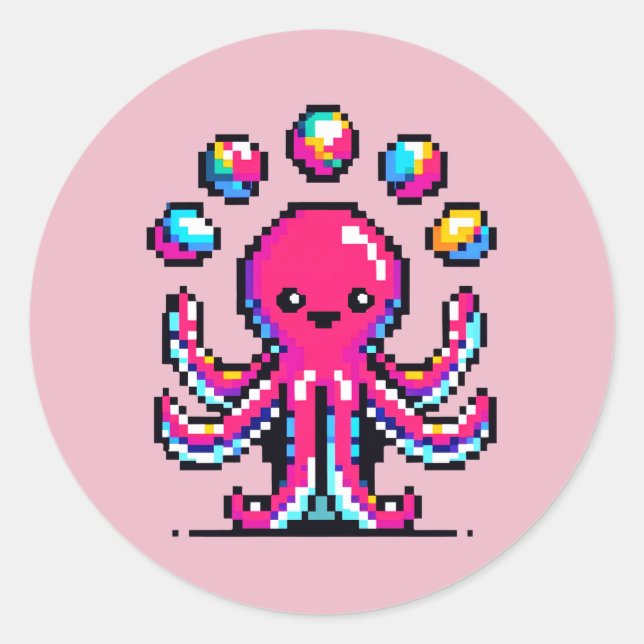 Sticker Rond Pieuvre en Jonglage - Drôle Pixel Art Circus Desig (Devant)