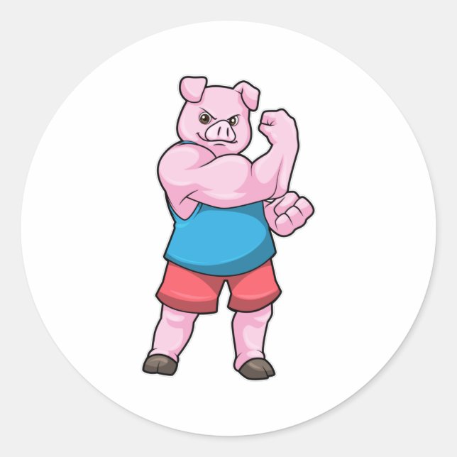 Sticker Rond Pig comme Bodybuilder avec grand bras Supérieur (Devant)