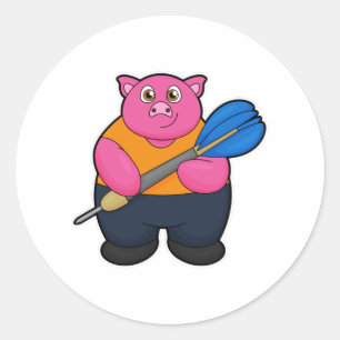 Sticker Rond Pig comme joueur de fléchettes avec fléchettes