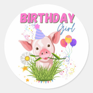 Sticker Rond Pig Piggy Anniversaire Rose Fille Animaux Amateurs