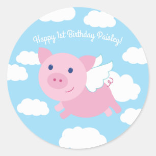 Sticker Rond Pig volant mignon 1er anniversaire Merci
