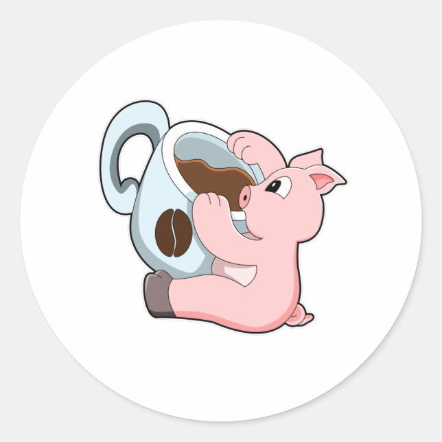 Sticker Rond Pig with Cup of Coffee (Devant)
