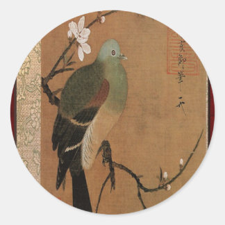 Sticker Rond Pigeon sur le Peach Tree Vintage Floral japonais