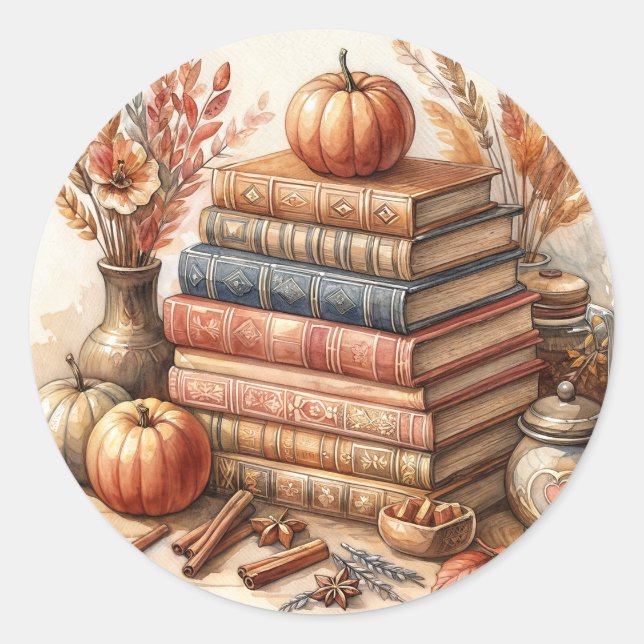 Sticker Rond Pile de livres et Citrouille Automne (Devant)