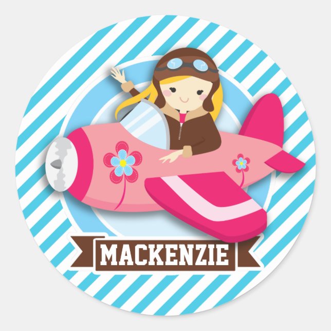 Sticker Rond Pilote fille en avion rose; Bleu et Blancs (Devant)