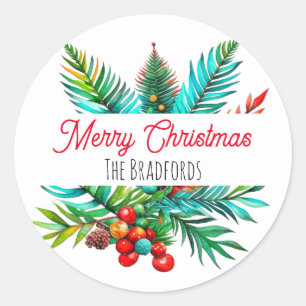 Sticker Rond Pin botanique Joyeux Noël Personnalisé