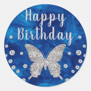Sticker Rond Pinceau bleu moyen Papillon argenté Anniversaire