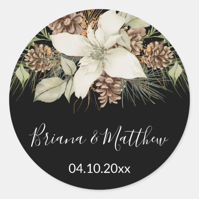Sticker Rond Pinceau d'hiver Mariage noir et blanc (Devant)