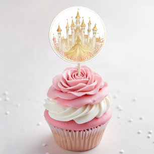Sticker Rond Pinceau rose et or princesse Anniversaire Favorise