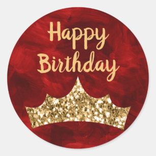 Sticker Rond Pinceau rouge et Couronne dorée Anniversaire