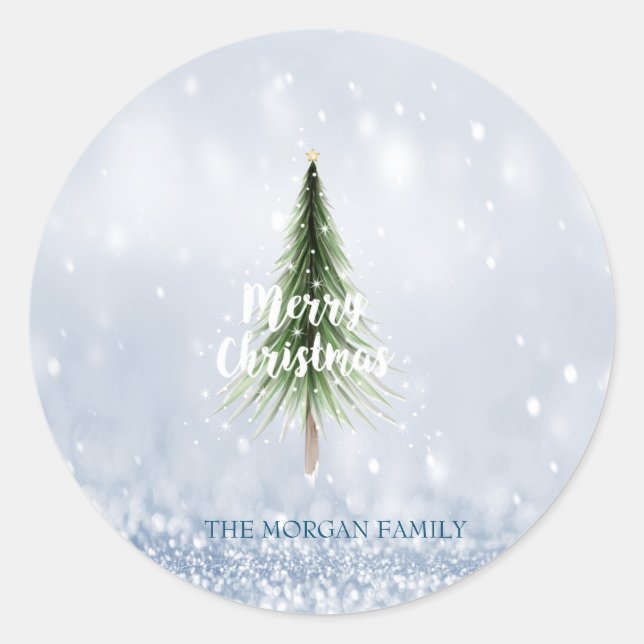 Sticker Rond Pine de Noël Joyeux Noël Bleu Vacances (Devant)