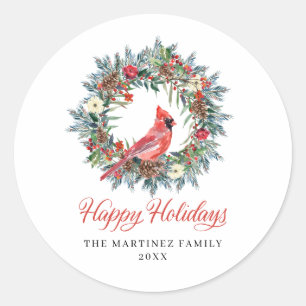Sticker Rond Pine Holly Wreath Cardinal Christmas