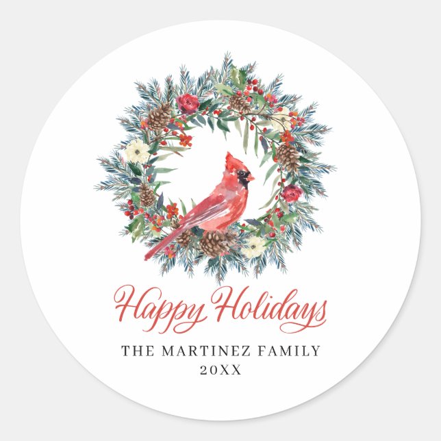 Sticker Rond Pine Holly Wreath Cardinal Christmas (Devant)