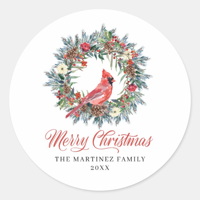 Sticker Rond Pine Holly Wreath Cardinal Christmas (Devant)