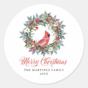Sticker Rond Pine Holly Wreath Cardinal Christmas