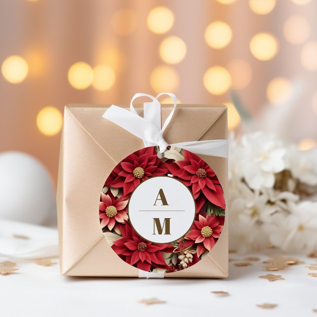 Sticker Rond Pine Rustique Poinsettia Floral Mariage de Noël (Créateur téléchargé)