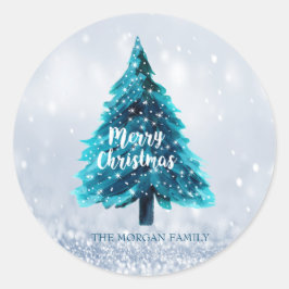 Sticker Rond Pine Tree Joyeux Noël Bleu Vacances
