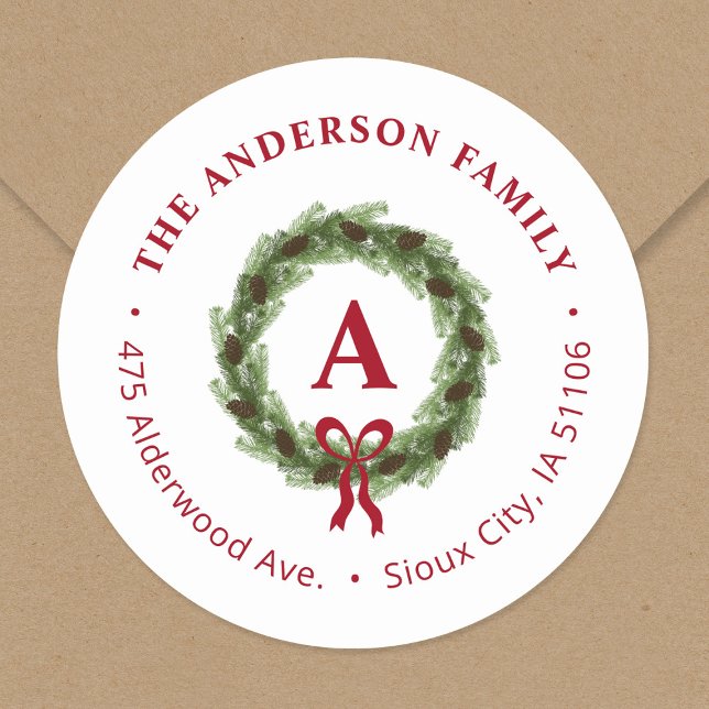 Sticker Rond Pine Wareath Monogram Holiday Adresse de retour (Créateur téléchargé)