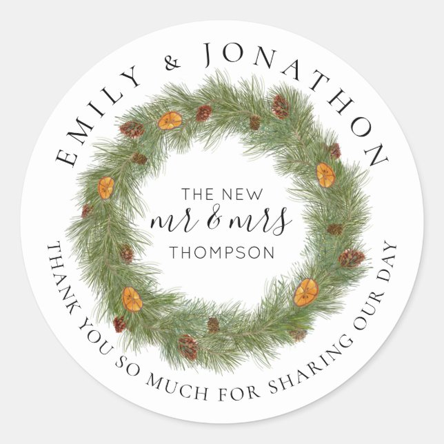 Sticker Rond Pines Citrus Noms Mariage de Noël Merci (Devant)