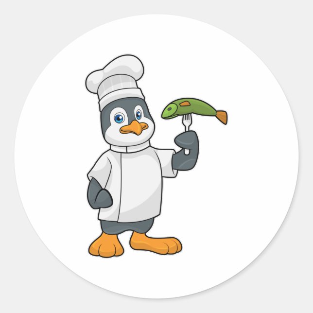 Sticker Rond Pingouin à cuire avec tablier de poisson et de Cui (Devant)