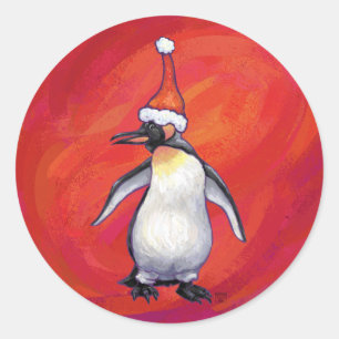Sticker Rond Pingouin à Santa Hat en rouge