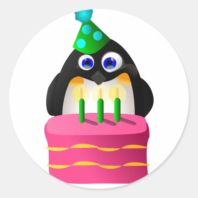 Sticker Rond Pingouin Anniversaire Avec Gâteau (Devant)